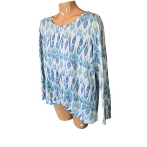 Rose + Olive Womens Top  Blue XL Green Ikat Twist Front Long Sleeve  Crew Neck